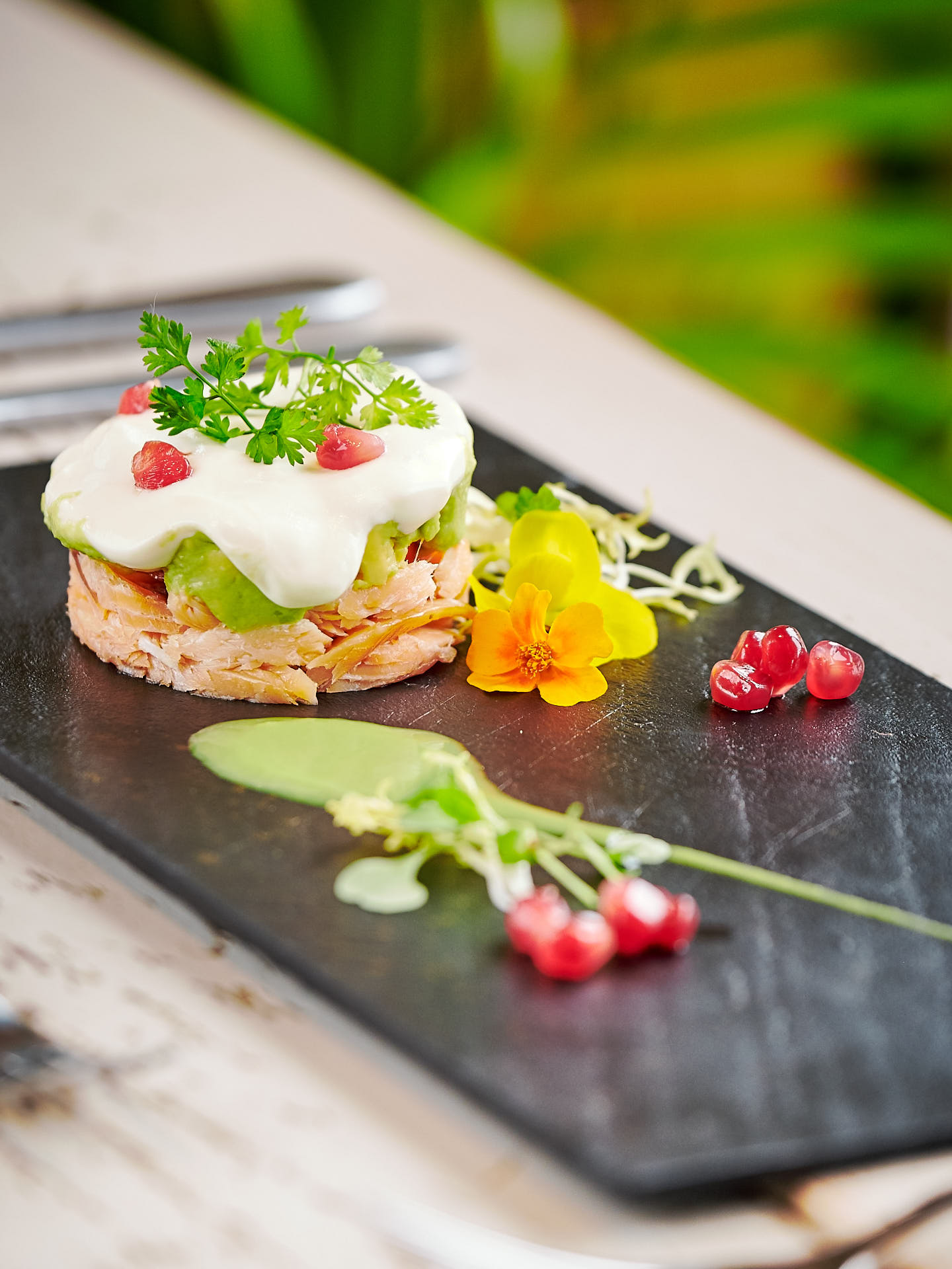 A colourful dish of salmon on a slate, garnished with pomegranate seeds and coriander.