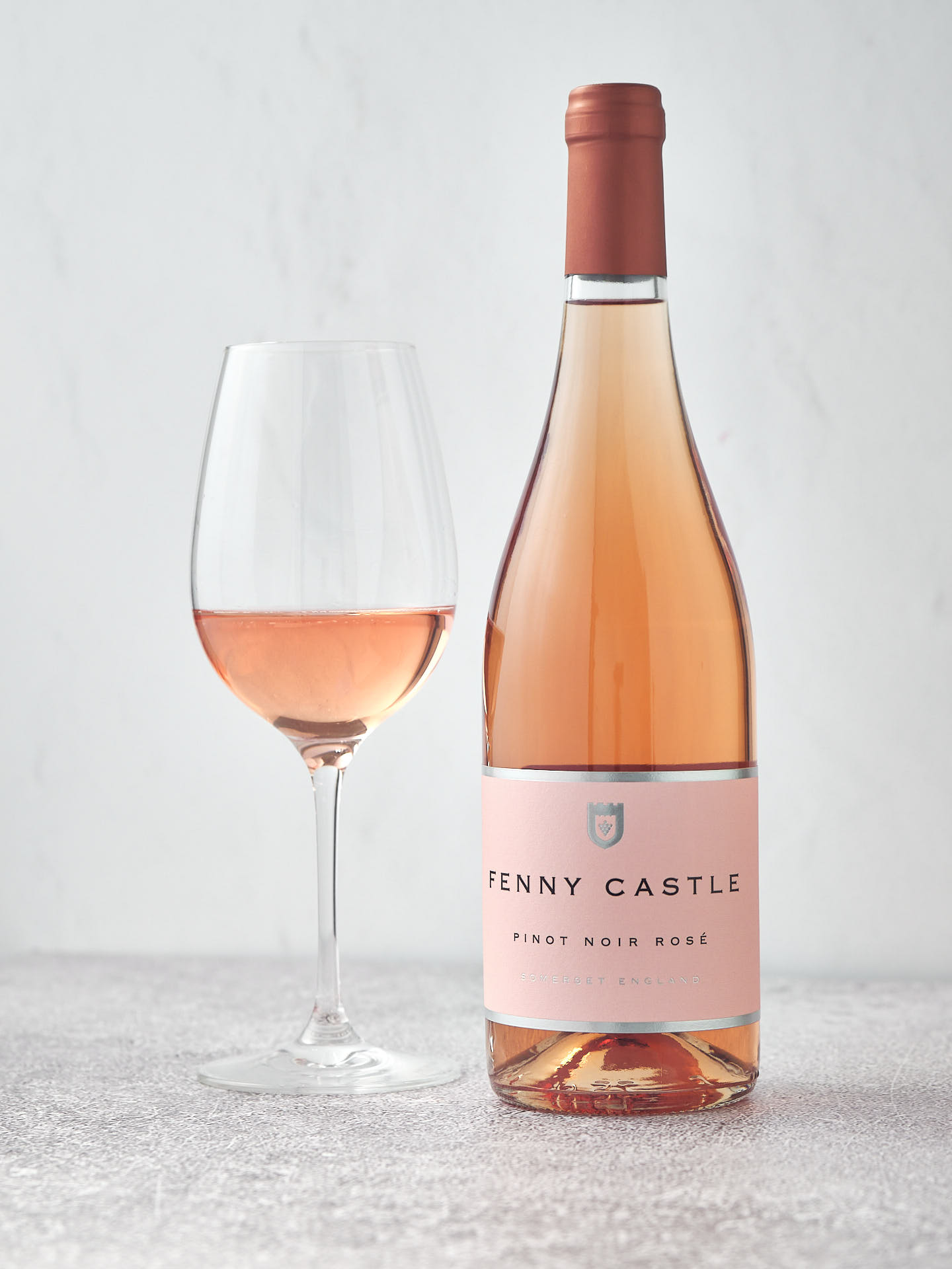 A bottle of Pinot Noir Rosé wine from an English vineyard in Somerset.
